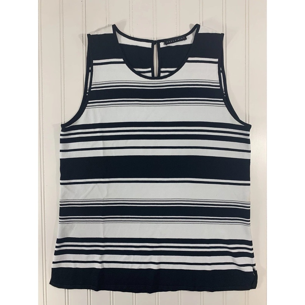 Paula Hian Tank Top Womens Small Black White Striped Keyhole Back French Chic